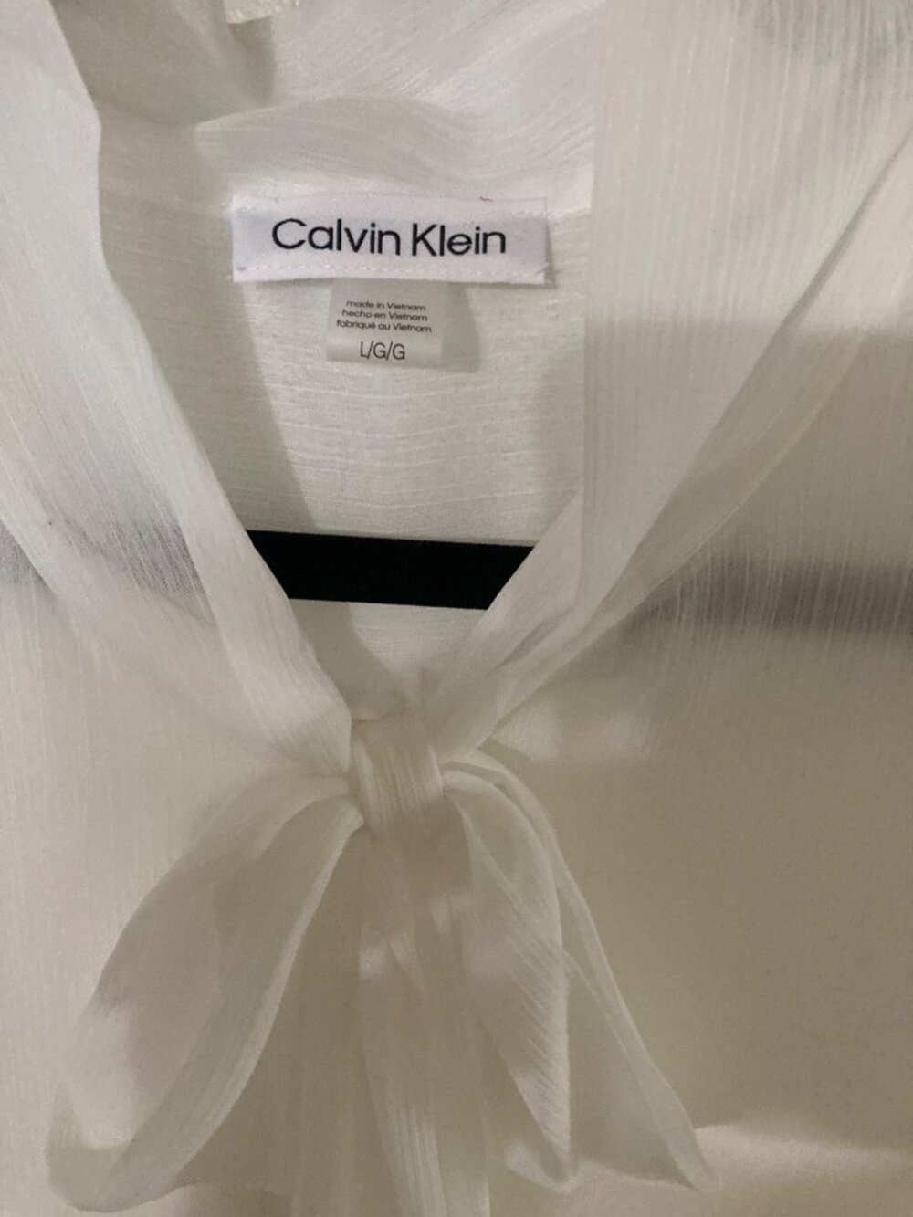 Calvin Klein White Front Tie Neck Blouse White Wide Open End Long Large Sleeve - Picture 2 of 7